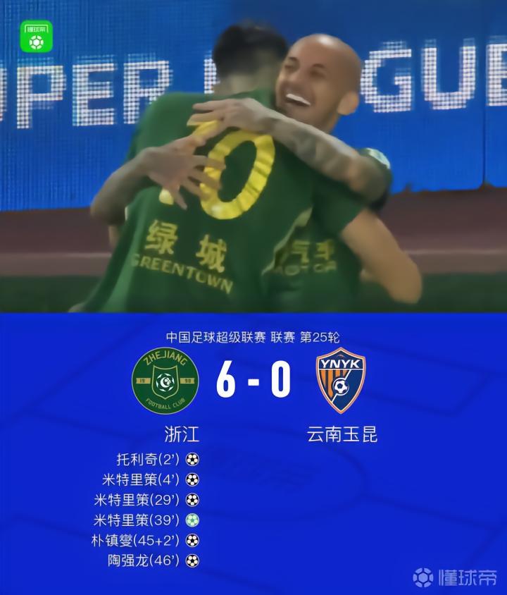 浙江6-0大胜云南,米特里策三球一助,托利奇四传一射